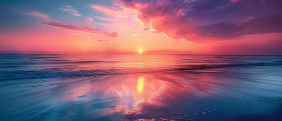Calming coastal scenes at sunrise or sunset, the horizon where sea meets sky, tranquil waters, and a soothing palette