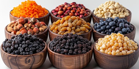 Wooden bowls filled with a nutritious blend of organic vegetarian snacks including a variety of nuts, seeds and dried fruits. - obrazy, fototapety, plakaty
