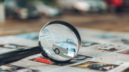 A magnifying glass rests in front of an open newspaper with paper cars. Concept for car rental, car search, car purchase, and cargo transport is illustrated.
