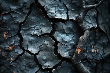 Abstract Background of Black Cracked Surface with Glowing Orange Crevices and Layers of Dust or Ash