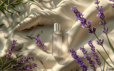 A bottle of perfume is on a white cloth next to some lavender flowers