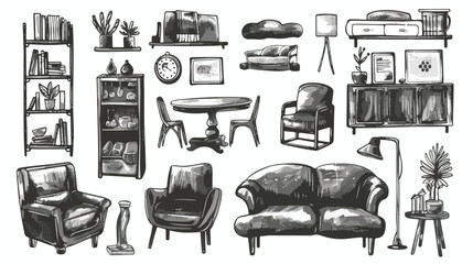 Hand drawn furniture. Living room elements. Graphic Vector