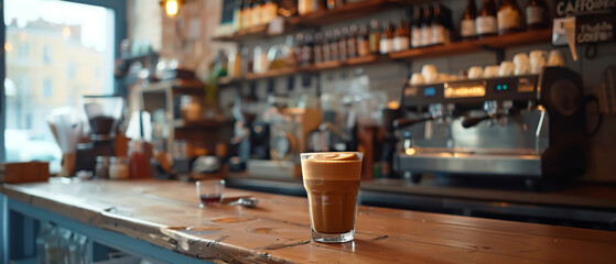 Artisan coffee culture, an array of espresso drinks with perfect crema, warm tones, and a cozy cafe...