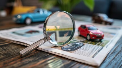 Using a magnifying glass, view an open newspaper with paper cars. Concept of searching for, renting, and purchasing a vehicle.