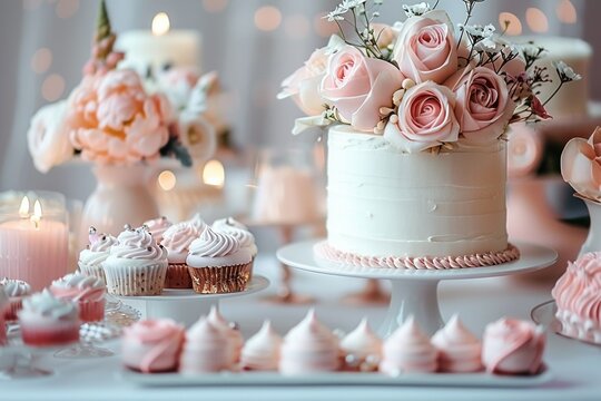 An elegant white wedding cake decorated with pink flowers will add a touch of elegance to the celebration.