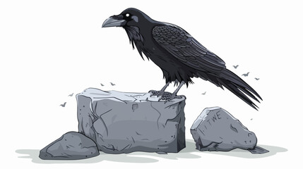Black raven on tombston sketch hand drawn in doodle 
