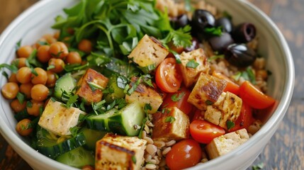 Fresh Vegan Salad Bowl with Tofu, Chickpeas, and Greens