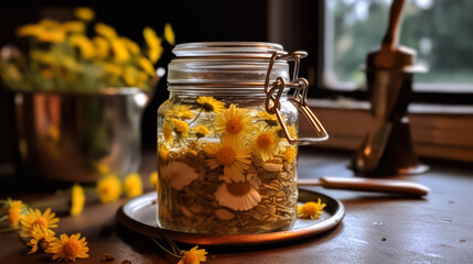 A jar filled with yellow and white flowers sits on a table next to a book. - Powered by Adobe