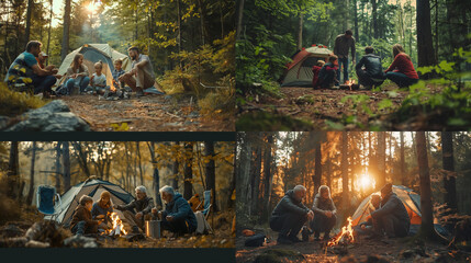 Family of different generations camping in a forest, setting up a tent and sharing stories around a campfire