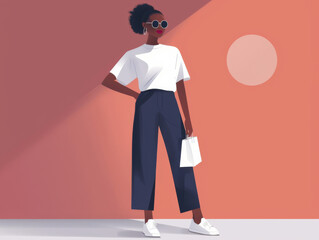 Stylish illustration of a fashionable woman posing with sunglasses and handbag on a two-tone background.
