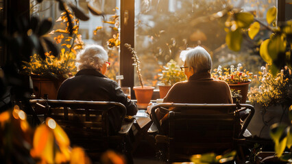 An elderly couple enjoys a quiet morning together, sitting in a garden filled with plants, bathed in warm sunlight. - Powered by Adobe