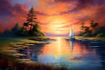 sunset on the lake - obrazy, fototapety, plakaty