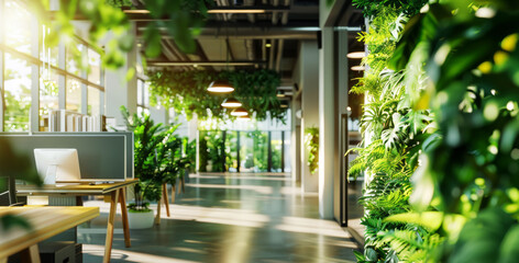 A green, sustainable and environmental office space with the daily rush of workers.	
