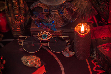 Eyeglasses with third eye. Concept of energy chakras of human. Esoteric concept. Spiritually healing