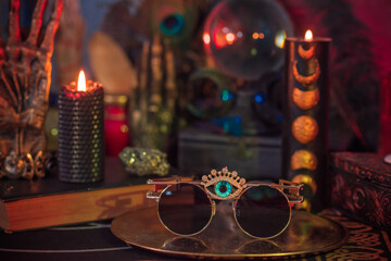 Eyeglasses with third eye. Concept of energy chakras of human. Esoteric concept. Spiritually healing