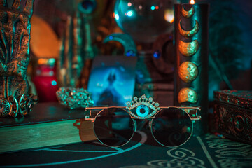 Eyeglasses with third eye. Concept of energy chakras of human. Esoteric concept. Spiritually healing