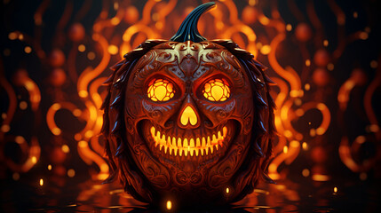 Halloween pumpkin on a spooky smoky background  Evil Dark Carved Pumpkins on colorful background 