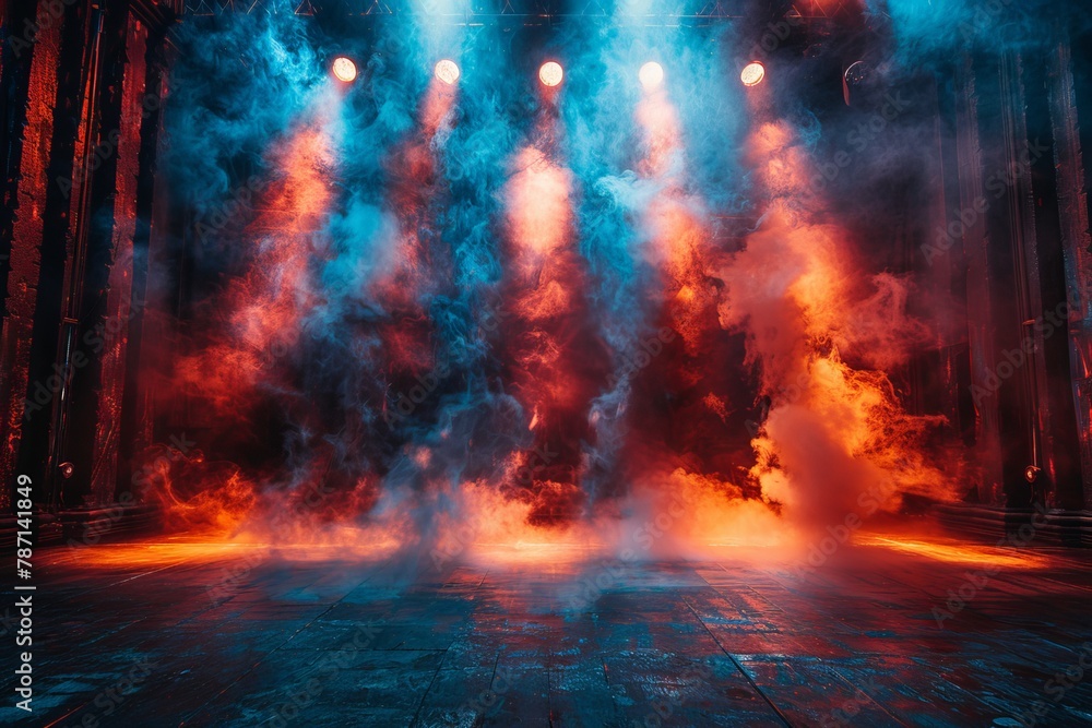 Poster the image shows a stage set for performance with vibrant red smoke and dynamic lighting creating a d