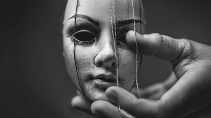 A black and white image depicts a marionette in the hand of a human. - obrazy, fototapety, plakaty
