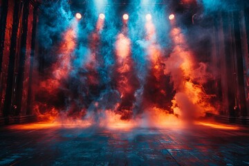 The image shows a stage set for performance with vibrant red smoke and dynamic lighting creating a...