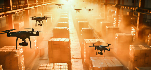 Drones flying over a warehouse at sunset, showcasing modern logistics and aerial technology for surveillance and delivery.