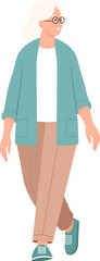 An elderly woman with gray hair walks and looks to the side. Vector flat illustration