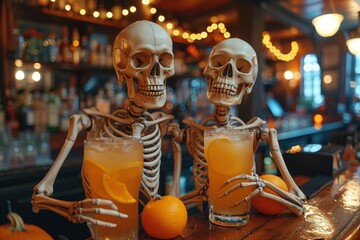 Whimsical depiction of a skeleton serving refreshing beverages in a bar, captures the essence of Halloween fun - obrazy, fototapety, plakaty
