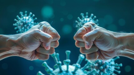 A clash of two fists on a background with a Coronavirus model. Concept of a battle with the Coronavirus. - obrazy, fototapety, plakaty