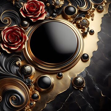 Metal black and gold onyx black and red rose petals on black and gold, make free space for adding text, high detailed, HDR, HIGH-RES