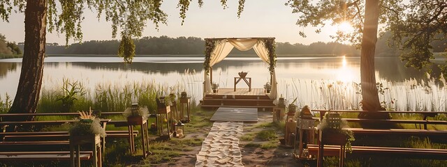 photograph capturing the serene ambiance of an outdoor wedding ceremony by the tranquil lakeside in the early morning light