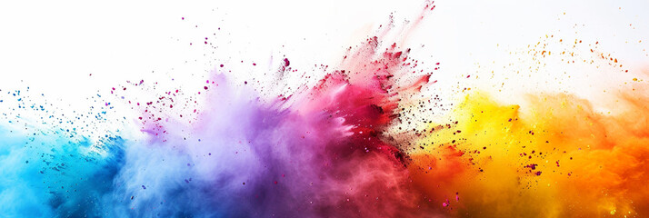 .An enchanting image showcasing the dynamic eruption of a rainbow Holi paint color powder explosion against a pristine white wide panorama background