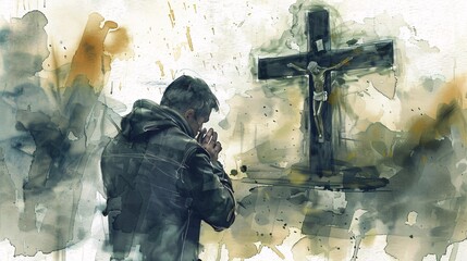 Man praying on the cross in the field. Digital watercolor painting - obrazy, fototapety, plakaty