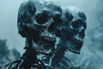 Striking close-up of two haunting skulls against a deep, smoke-filled background, evoking a sense of mystery - obrazy, fototapety, plakaty