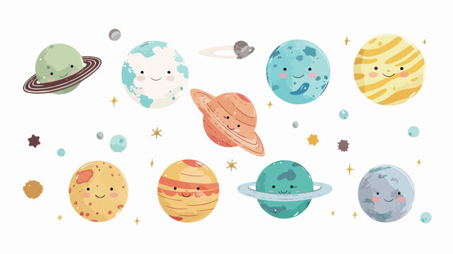 Hand drawn solar system with cute faces. Vector set.