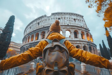 Person in yellow jacket in front of Colosseum