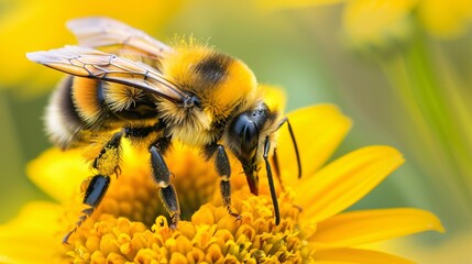 Close up of a bee on a yellow flower. Macro shot.