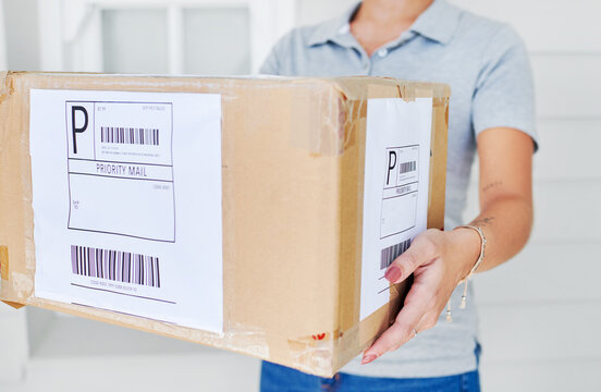 Person, delivery and box for ecommerce logistics or shipping service for distribution, returns or export. Hands, order and online shopping parcel for supply chain or import cargo, courier or package