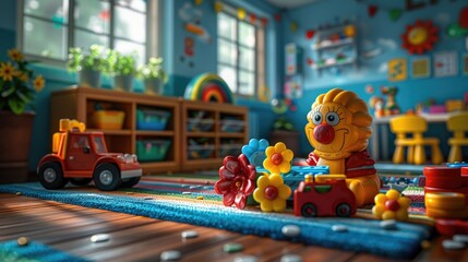 Colorful children's toys on a striped rug in a nursery room. - Powered by Adobe