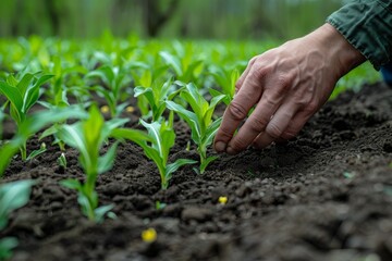 Farmer's hand tenderly caring for young green plants in rich soil, symbolizing growth and agriculture