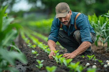 With hands in the soil, a man shows dedication to agriculture by caring for young green plants in a concept of growth and nurture