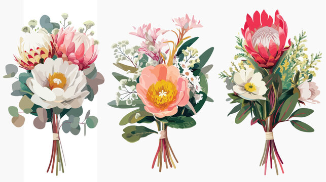 Hand drawn vector set of three Four flower bouquets.