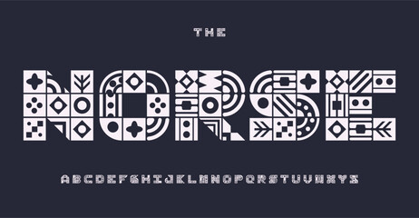 Traditional tribal alphabet, geometric square letters, creative modular font for striking logo, artistic headline, decorative typography, ethnic typographic design. Vector typeset.