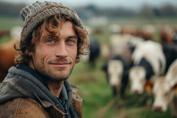 A young male farmer with blue eyes and messy hair wearing a beanie is smiling at the camera, with cows in the background on a cloudy day