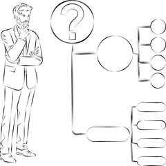 A man uses a decision tree diagram to identify a problem or opportunity in the decision-making process. Business concept. Sketch. Vector illustration.