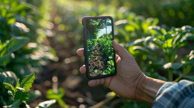 AR app identifying pest threats in crops, detailed view, natural outdoor setting, integrating pest control with digital tools