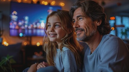 Father and daughter enjoying time together with a city lights backdrop.