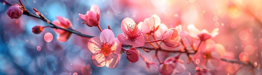 Sakura cherry blossoms overlay in augmented reality, vibrant sunset light, immersive nature experience - obrazy, fototapety, plakaty