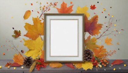 Naklejka na ściany i meble Golden Memories: Empty Photo Frame Mockup with Autumn Leaves Surrounding