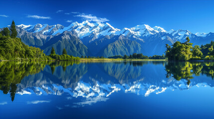 Serene Mountain Lake Reflection at Daytime.
The snowcapped mountains in New Zealand reflecting on Lake Matheson. A tranquil scene with snow-capped mountains mirrored in a crystal-clear lake.