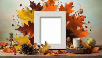 Naklejka na ściany i meble Golden Moments: Empty Photo Frame Mockup with Autumn Leaves Decor